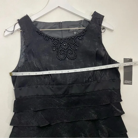 NWT Adrianna Papell Black Cocktail Dress Tiered Ruffle Sleeveless Beaded Neck - Picture 8 of 12